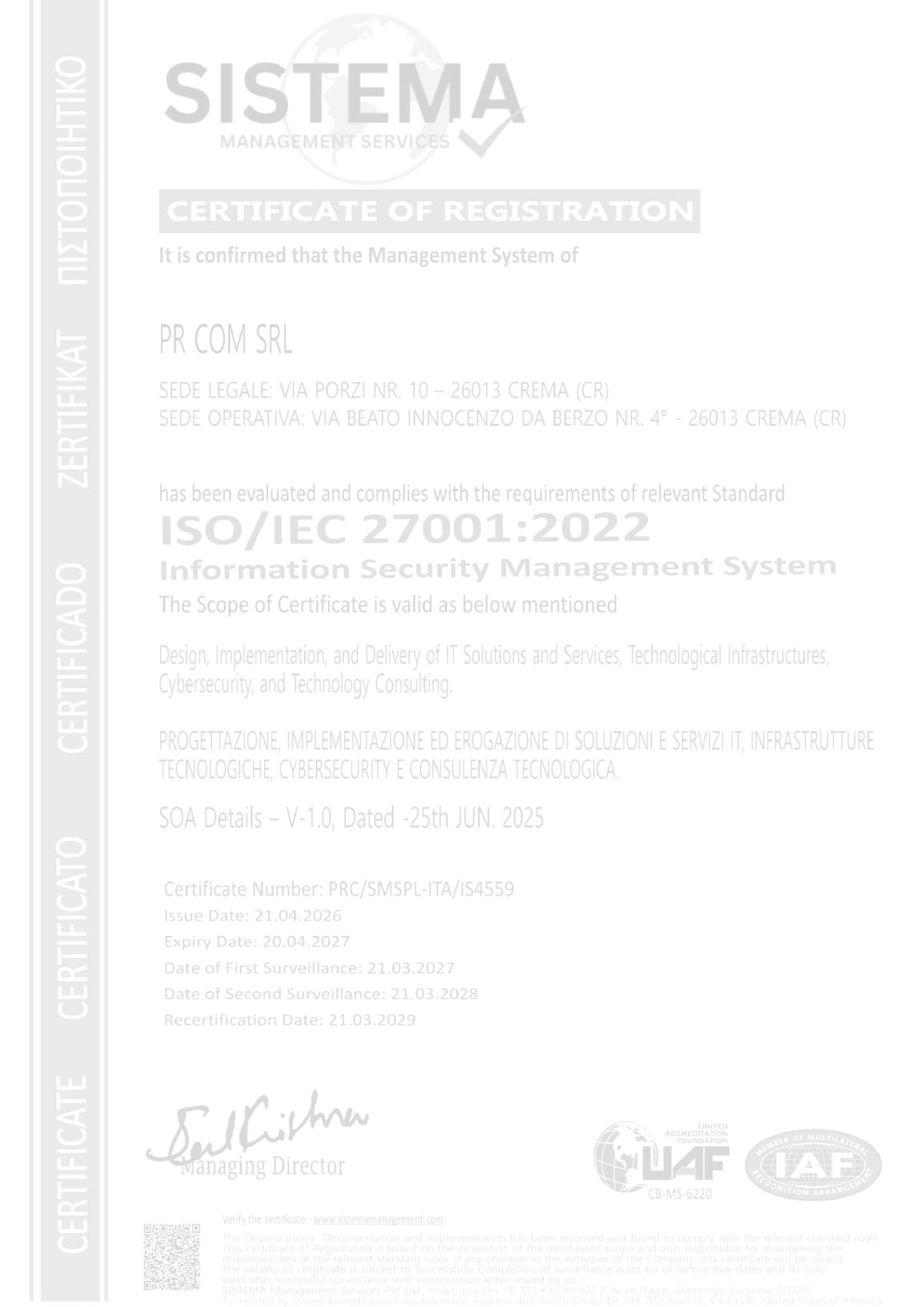 Certificato ISO/IEC 27001 PR COM in filigrana grigia