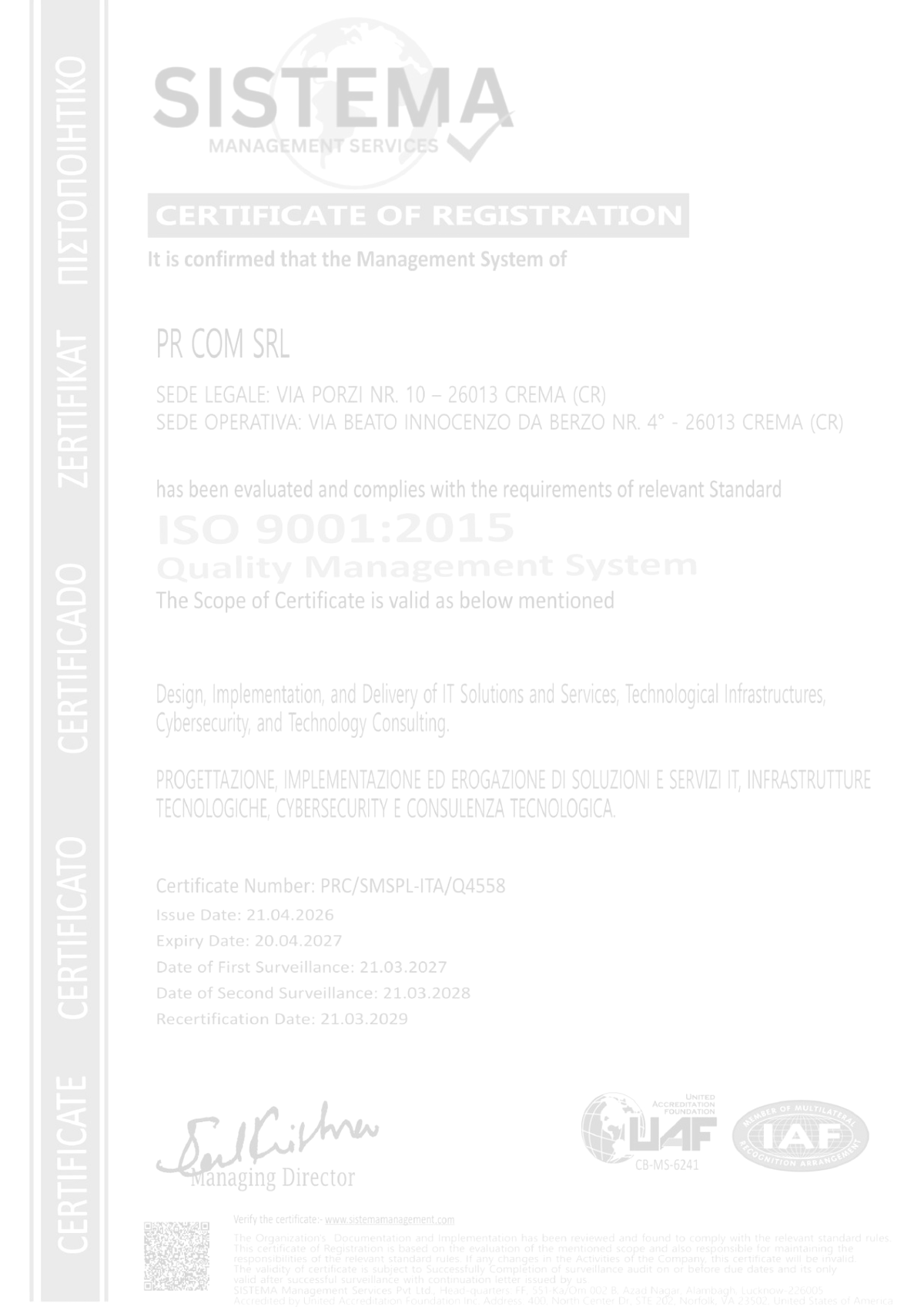 Certificato ISO 9001 PR COM in filigrana grigia